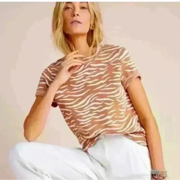 By Anthropologie Tops - Anthropology Women's Tan Zebra Print short sleeved sweater top